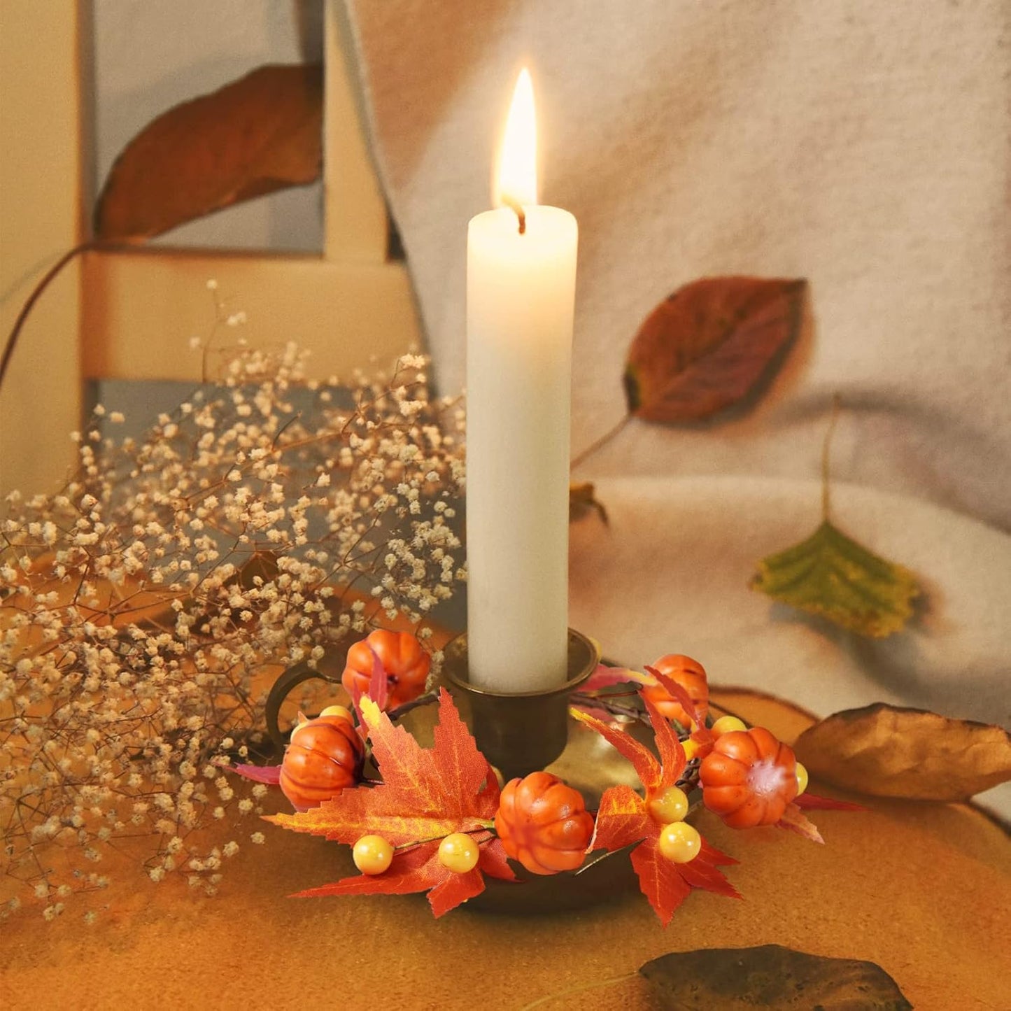 Skiennix Fall Candle Rings - Artificial Pumpkin & Maple Leaf Wreaths for Autumn Decor | 3.1" ID / 7" OD