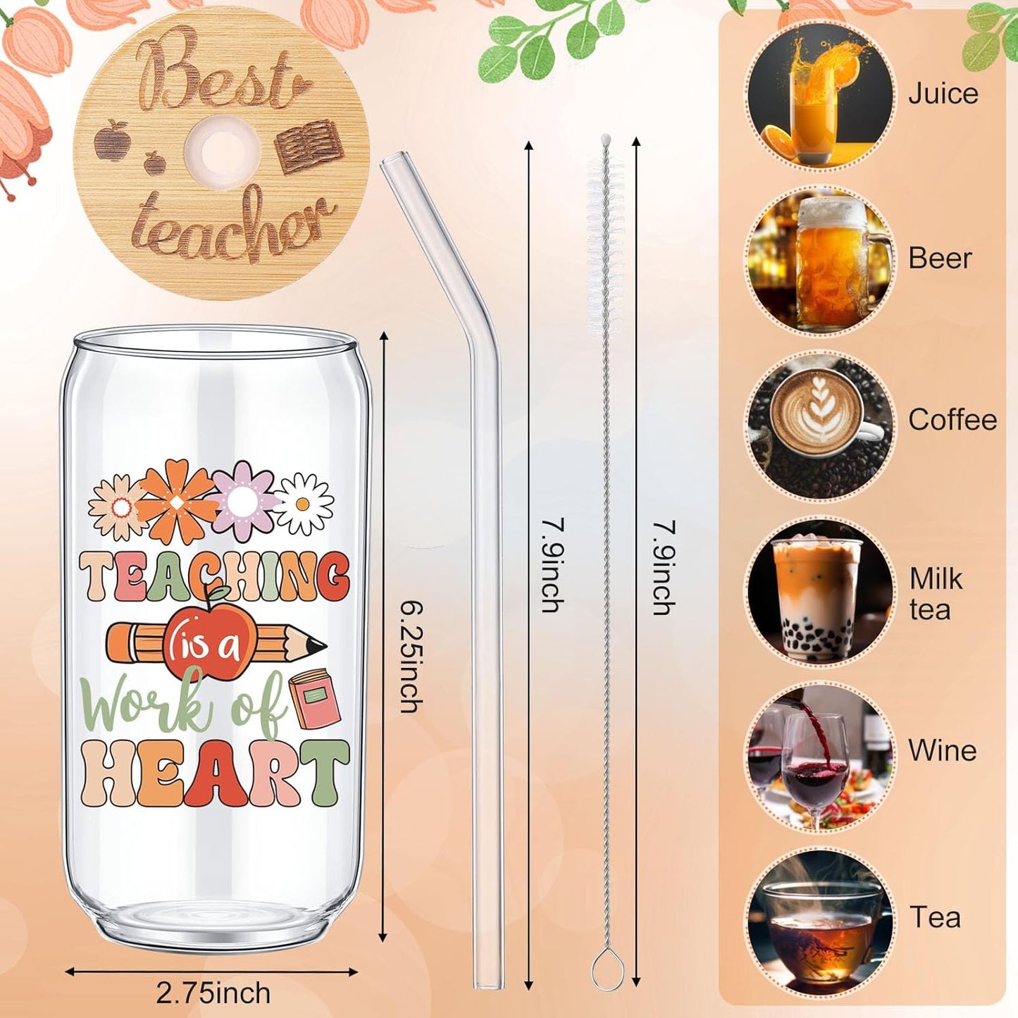 Tioncy 12 Pcs Positive Thank You Gifts for Women Appreciation Teacher Nurse Christian Religous Gifts 16oz Glass Cup with Bamboo Lids Straws Coffee Drinking Jars for Coworker