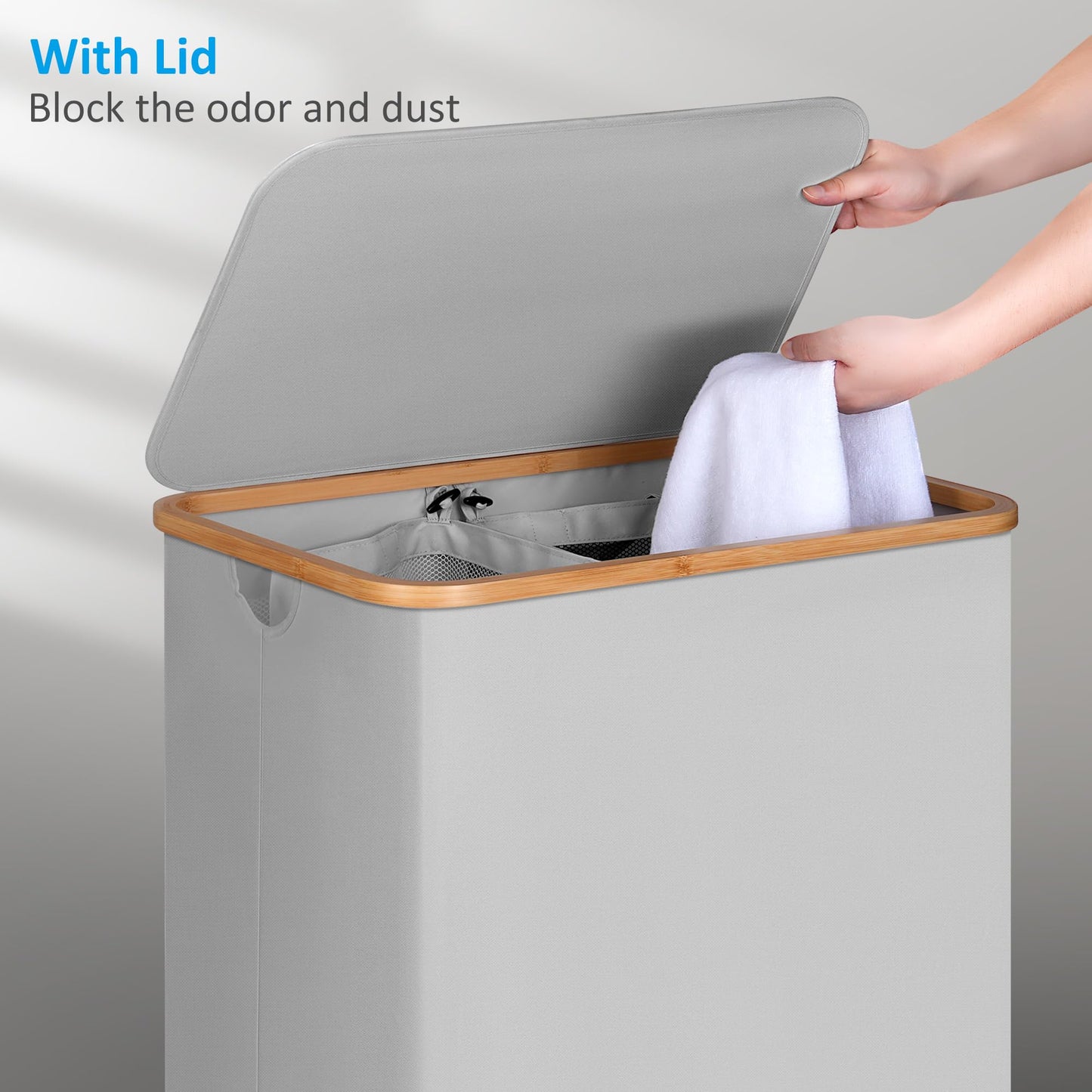 efluky Laundry Basket with Lid, 160L Tall Laundry Basket with Bamboo Handles for Clothes and Toys, Laundry Hamper with 2 Inner Bags for Bedroom, Bathroom and Laundry Room, Dove Gray
