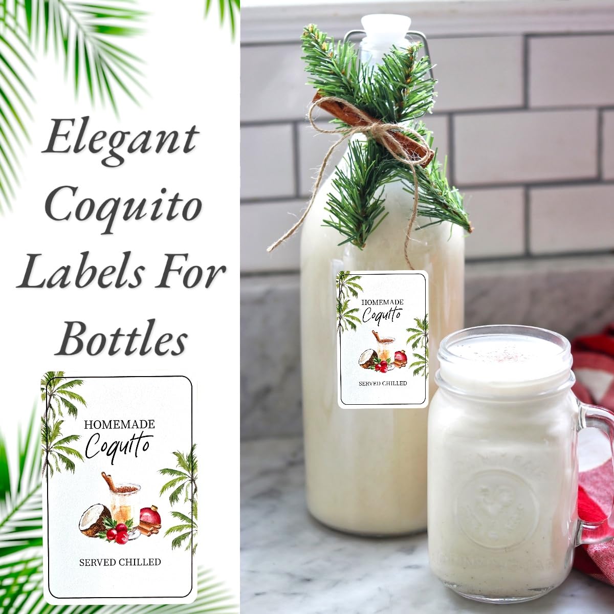 18pcs Coquito Labels for Bottles Christmas, Size 2" X 3" Coquito Xmas Puerto Rico Stickers, for 8oz, 16oz, 32oz Bottles