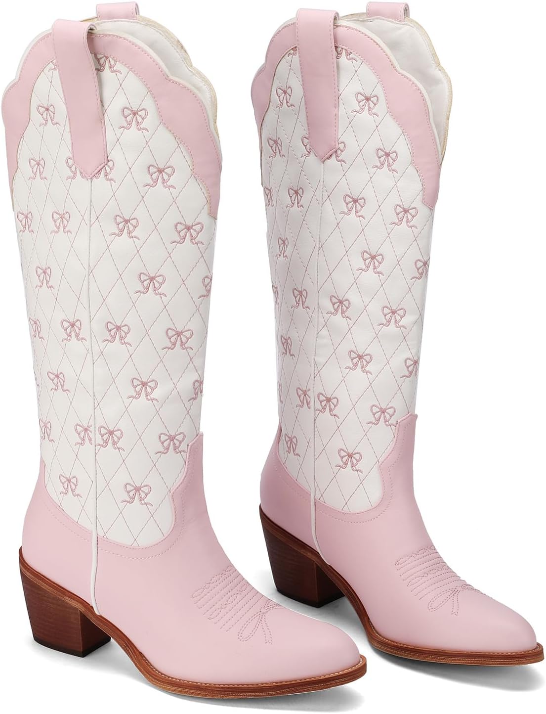 Skiennix Cowboy Boots - Embroidered Knee High Cowgirl Boots with Chunky Heel & Pearl Detail | Perfect for Dressy Parties