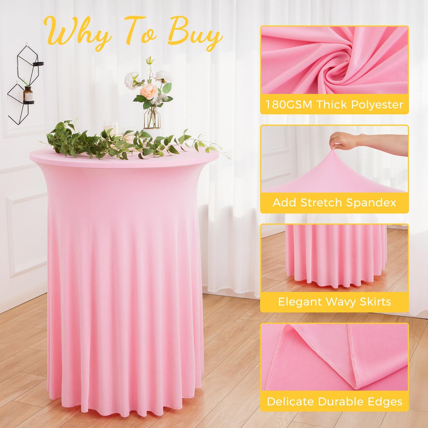 4 pk Pink Round High Top Cocktail Table Cloths 32inch×43inch, Wrinkle Free Stretchy Fitted Highboy Spandex Cocktail Tablecloth Table Covers with Pleats Skirts for Party Wedding Banquet Bar