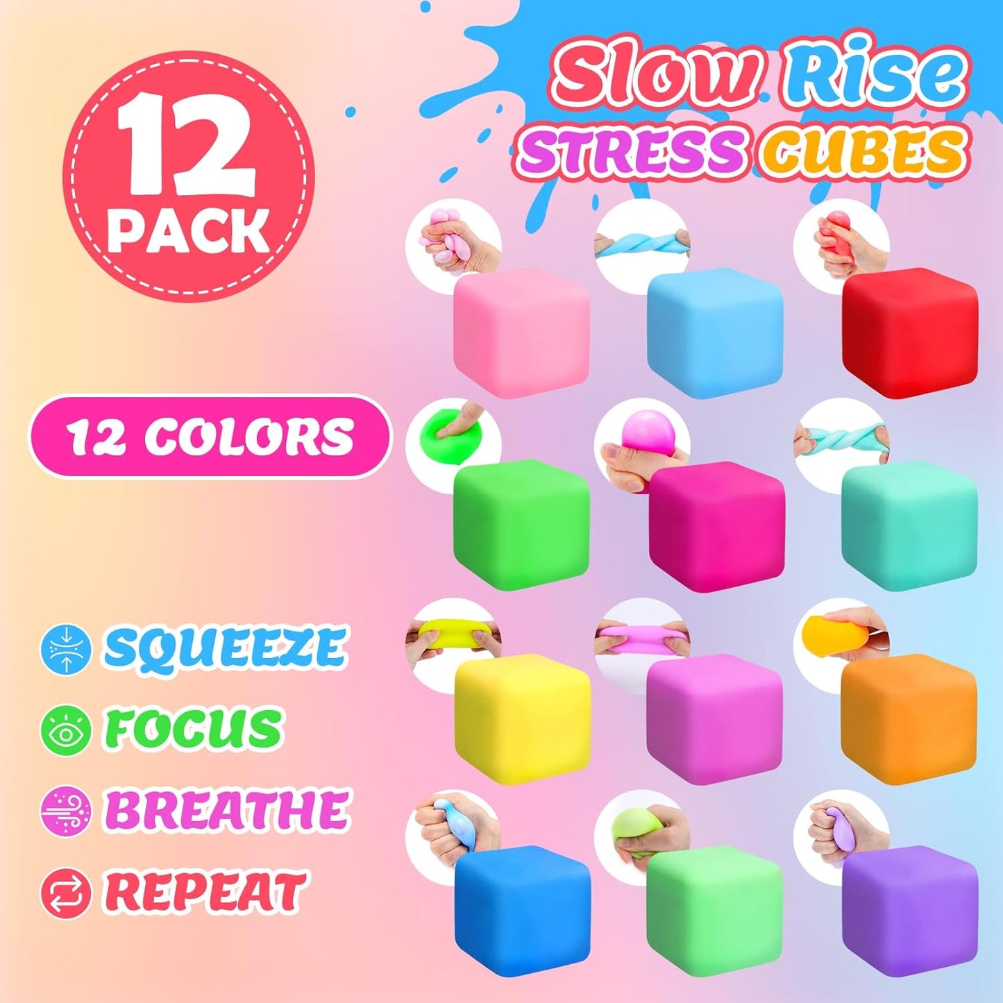 Skiennix 12 Pack Stress Cubes - Slow Rising Squishy Fidget Toys for Anxiety Relief | Soft & Stretchable
