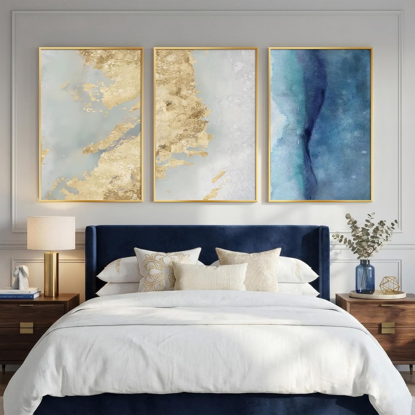 Skiennix Large Framed Abstract Wall Art - Luxury 3 Piece Canvas Set in Blue, White & Gold | Modern Home Decor 24x36 In