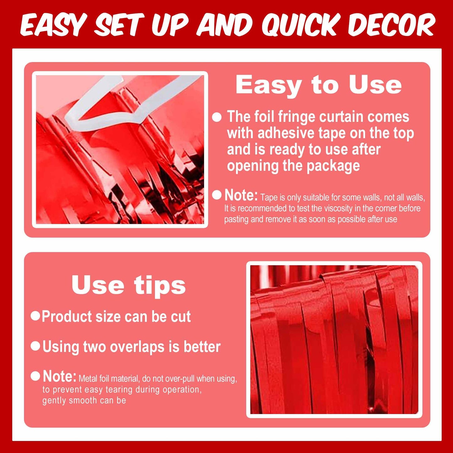 3 Pack Red Foil Fringe Curtains Backdrop, 3.28 x 8.2 Ft Metallic Streamers Tinsel Curtains Background for Photo Booth, Birthday, Halloween, Christmas, Thanksgiving, New Year Party Decorations