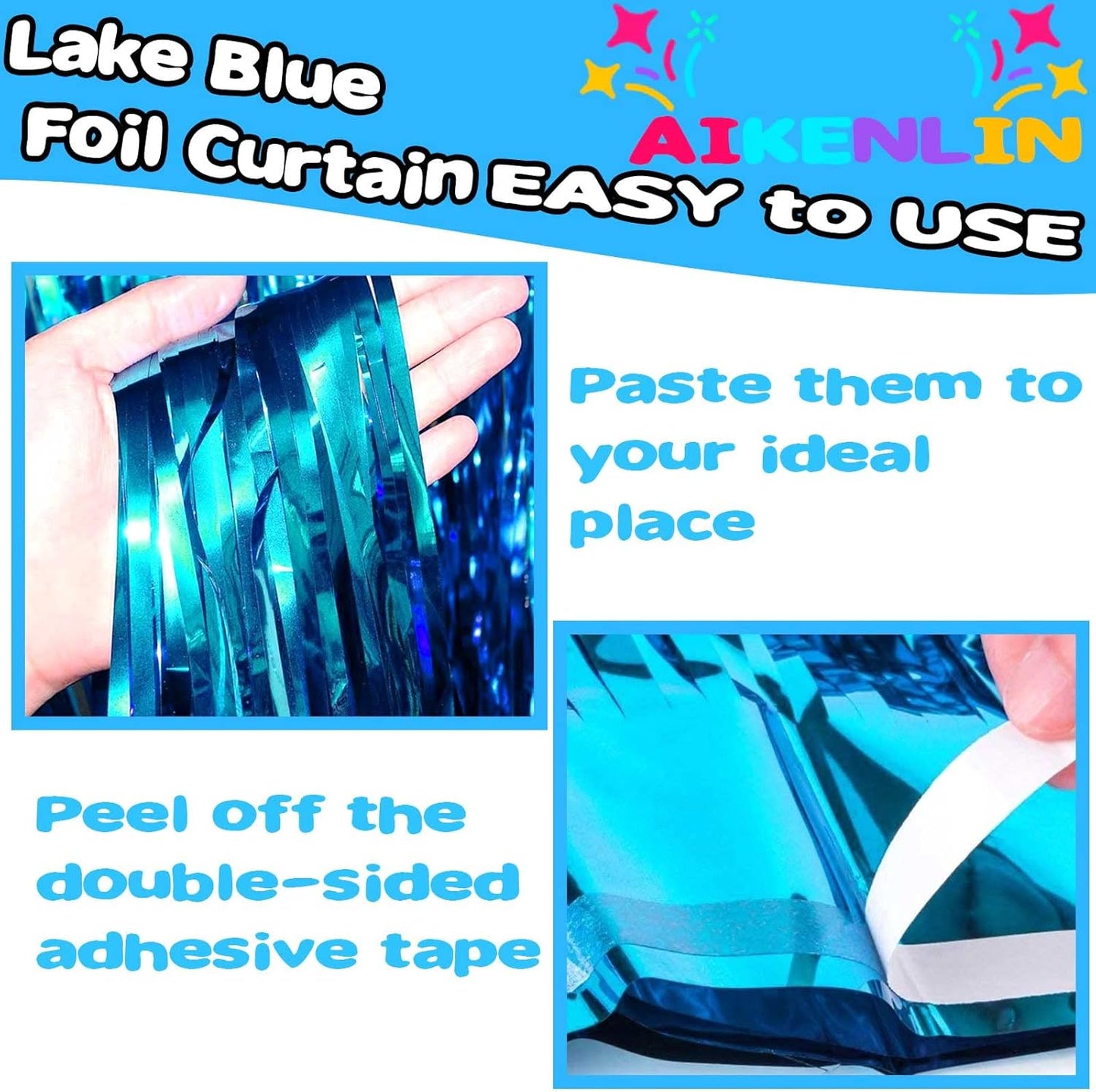 Lake Blue Foil Fringe Curtain Backdrop by [Brand Name] - 4 Pack Metallic Tinsel Streamers | 3.2Ft x 9.8Ft for Parties & Events