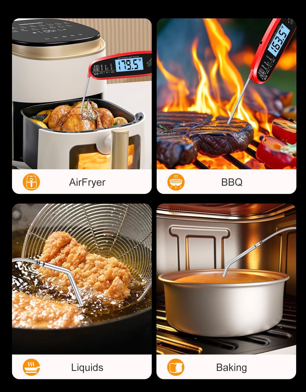 Vuwwey Instant Read Meat Thermometer Digital with Dual Probe, Food Thermometer for Cooking & Grilling, Large Backlit & Calibration, for Kitchen/Oven/Grill/Smoker/BBQ/Candy/Oil/Fry, Gifts for Men & Dad