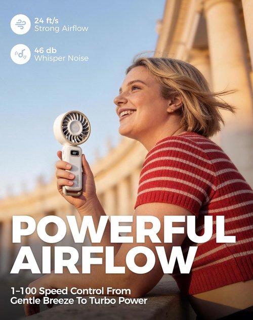 Diveblues Portable Turbo Fan - 100 Speed Handheld Fan with Strong Airflow | Foldable 4-in-1 Design for Neck, Desk & Travel