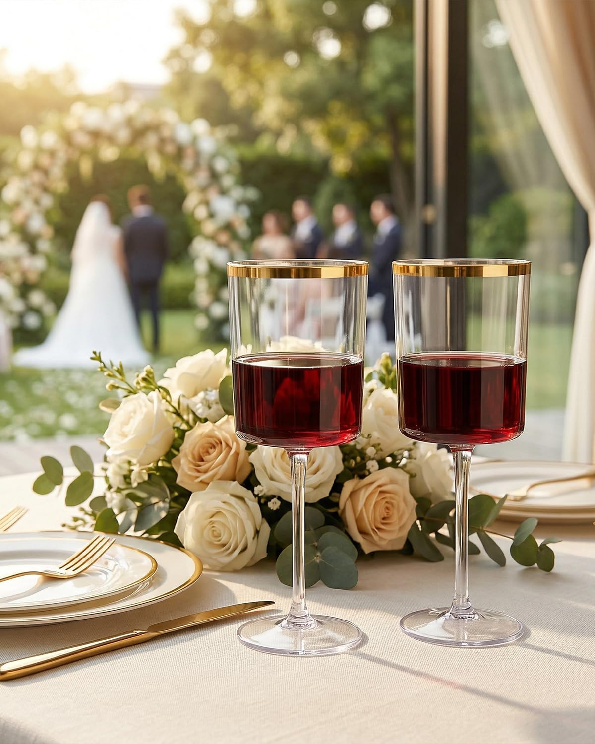 Ciaell 12 Pack 10 Oz Clear Plastic Wine Glasses with Red Stem - Disposable Cocktail Goblets Perfect for Parties & Weddings & Poolside & Outdoors & Camping & Party