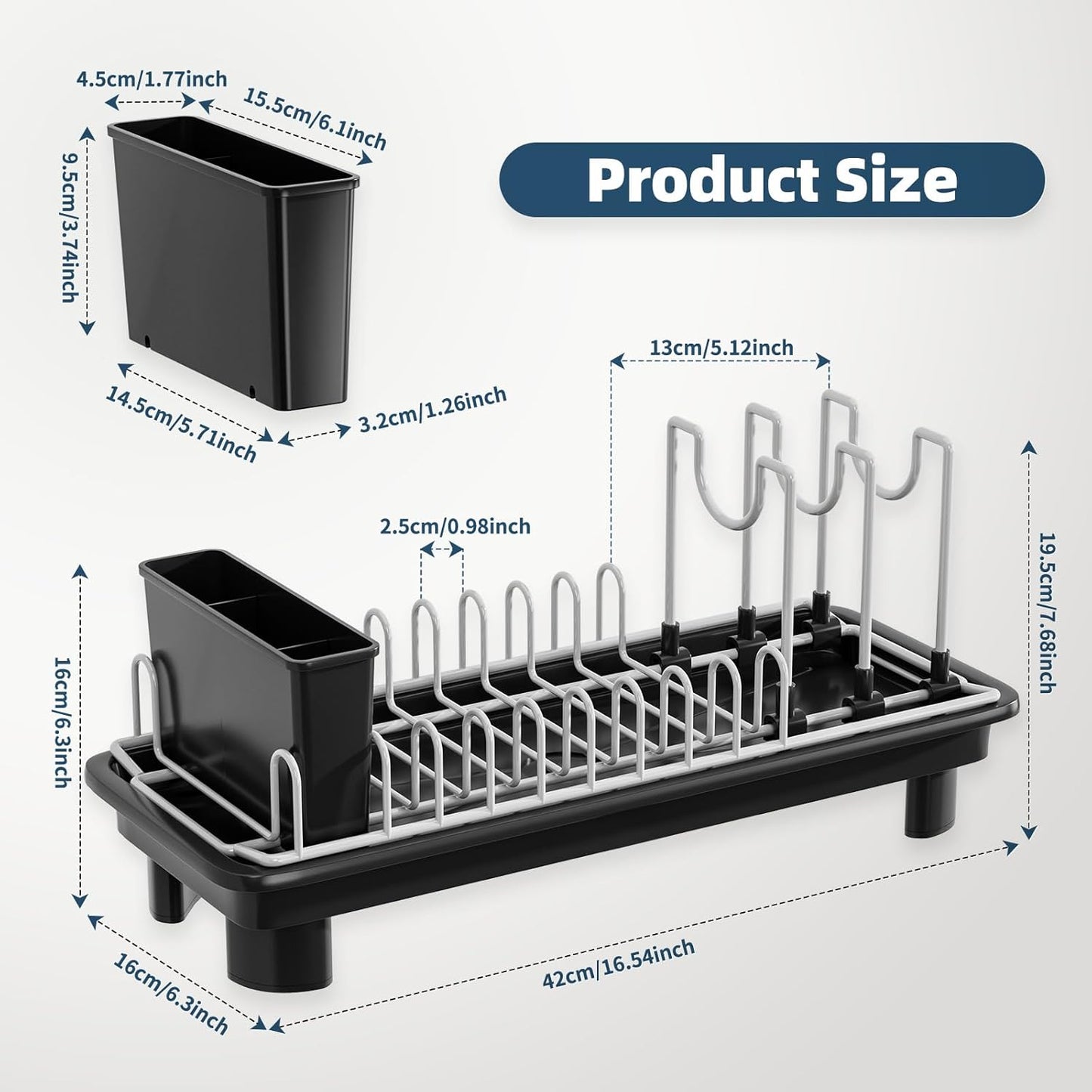 SanDream Small Dish Drying Rack - Stainless Steel with Removable Utensil Holder & Anti-Scratch Base | Space-Saving Design in Black