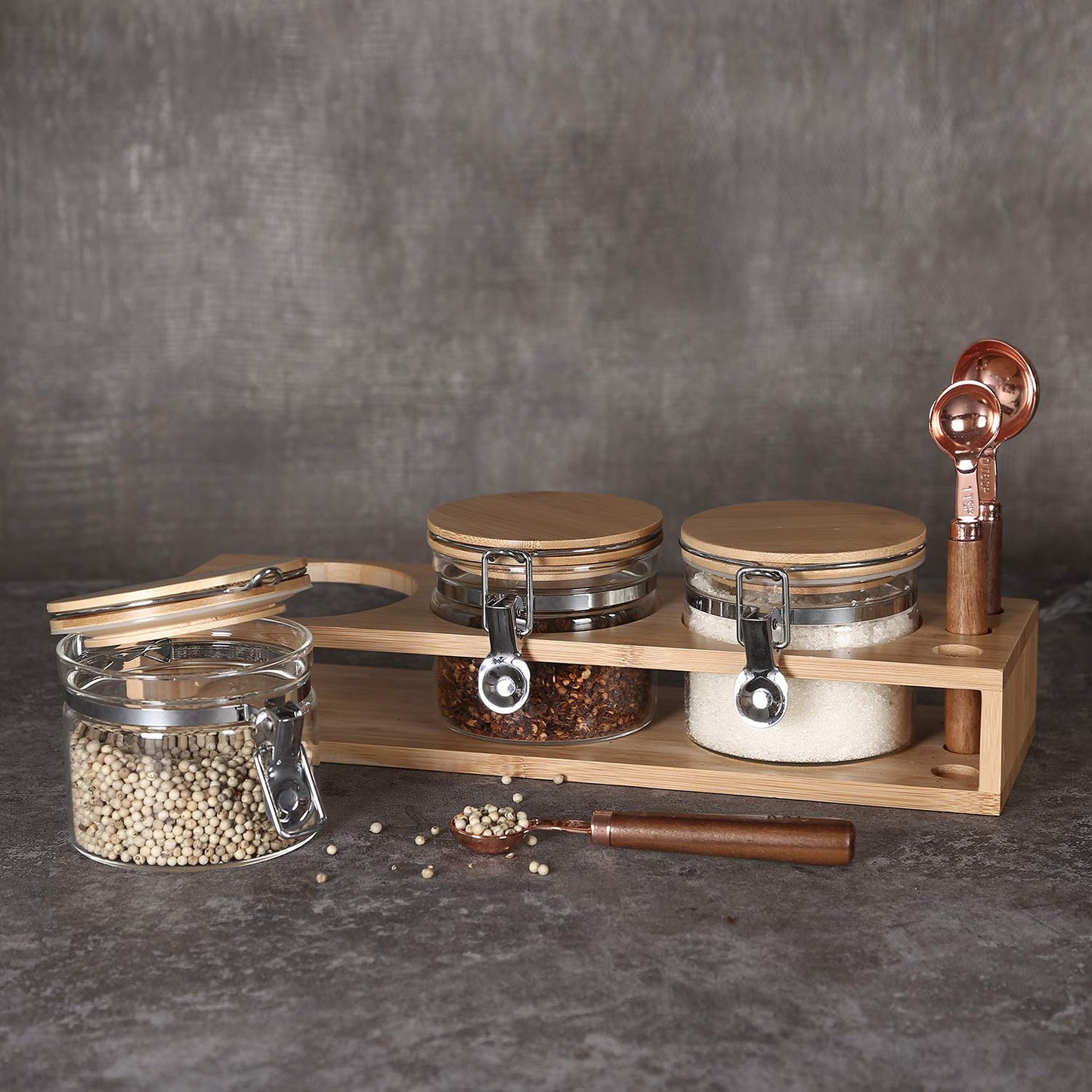Set of 2 Airtight Glass Tea Canisters with Bamboo Lids & Spoons (27oz) - Ultimate Storage Containers for Loose Leaf Tea to Preserve Freshness & Flavor - Elegant Tea Caddy Jars for Kitchen & Pantry
