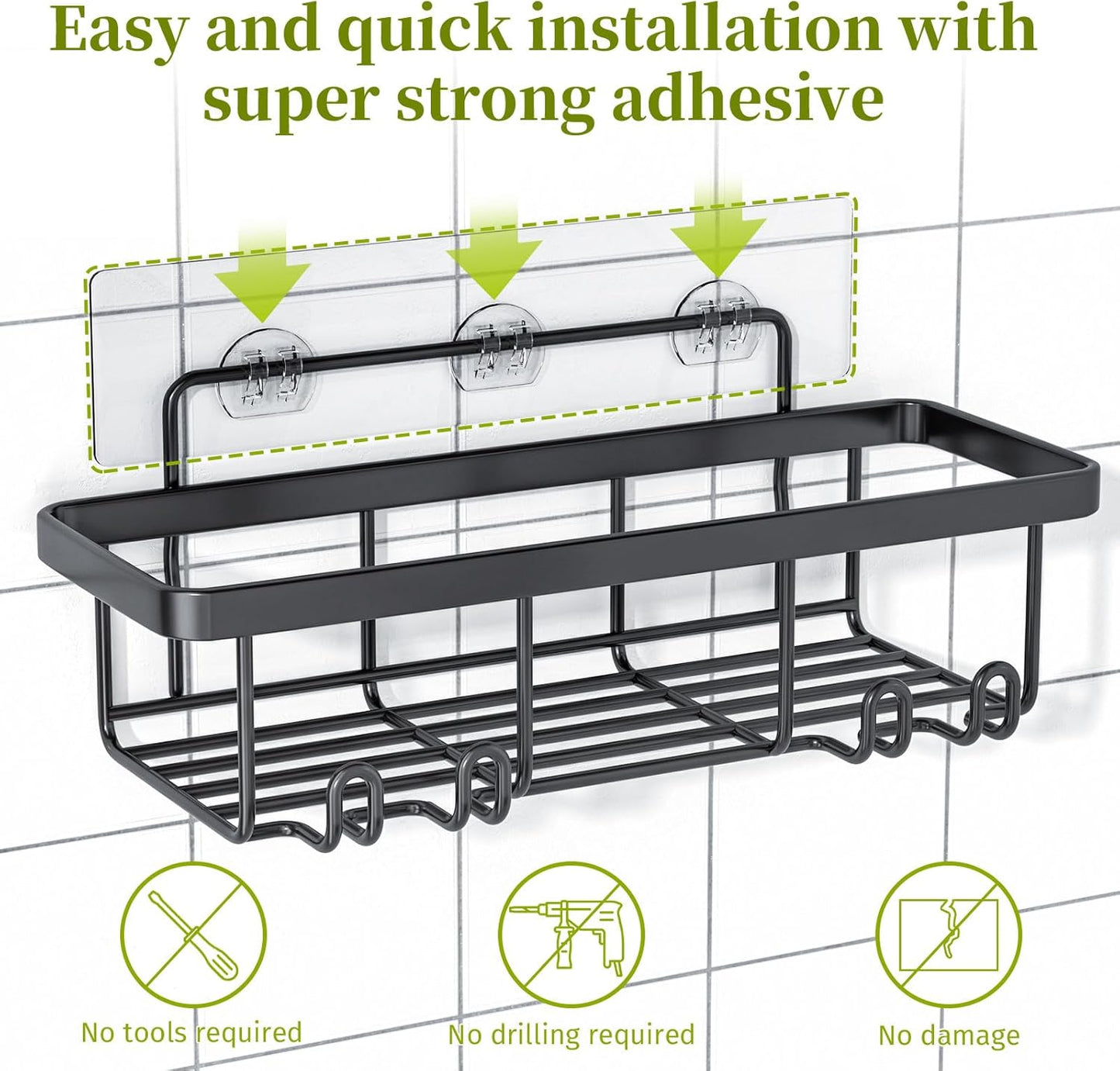 Skiennix Adhesive Shower Caddy - Rustproof Stainless Steel Bathroom Organizer | 5 Pack, Large Capacity, No Drilling, Black
