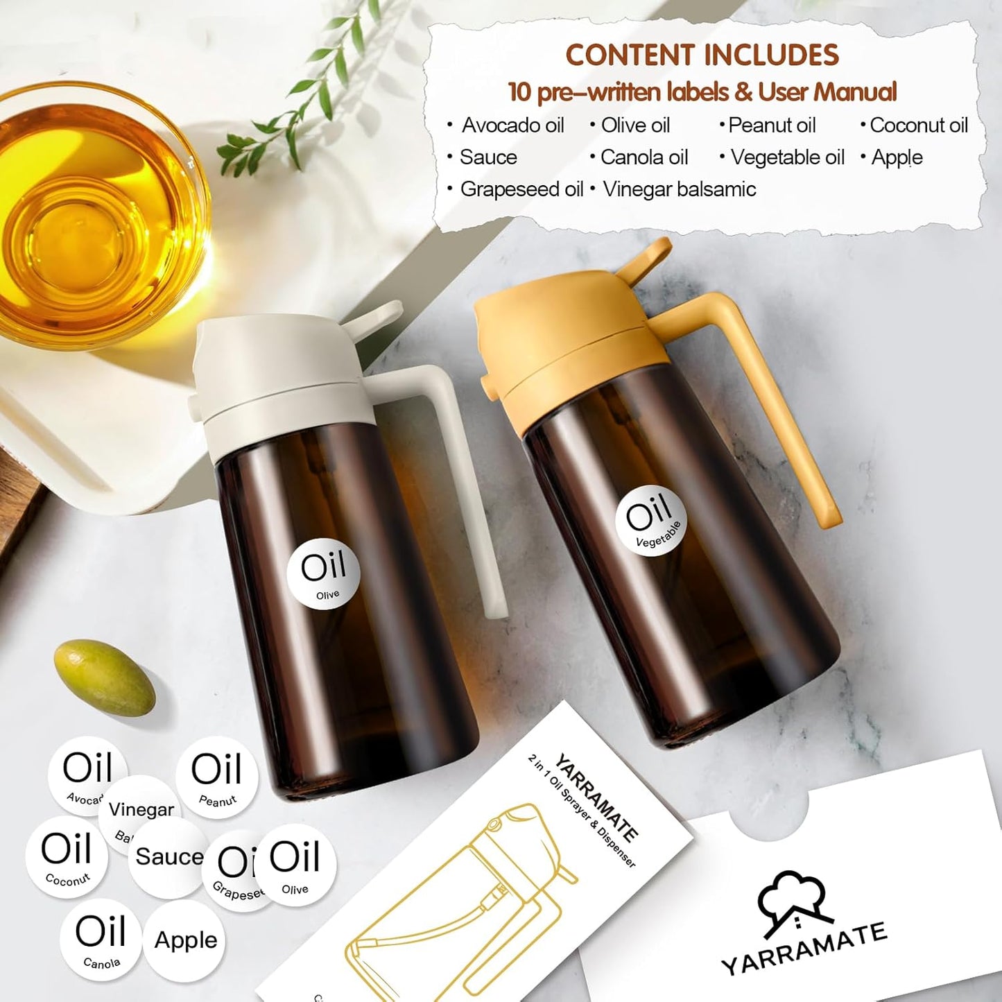 YARRAMATE Light Blocking Oil Sprayer - 16oz Food-Grade Olive Oil Dispenser Bottle | Premium Dark Amber Glass for Cooking