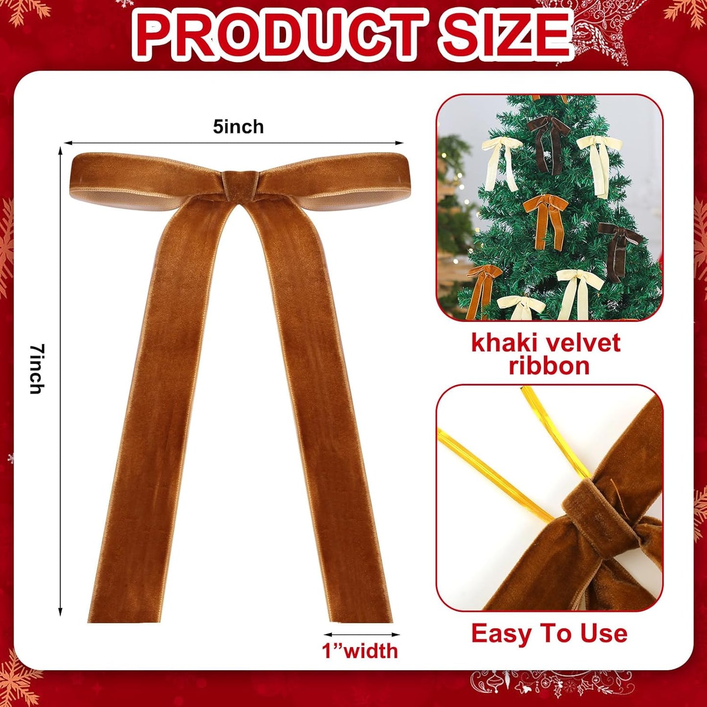Regine Switzerland Velvet Bows - 24 Pcs Christmas Tree Ornaments | Coquette Wedding Decor (5 x 7 Inch, Khaki)