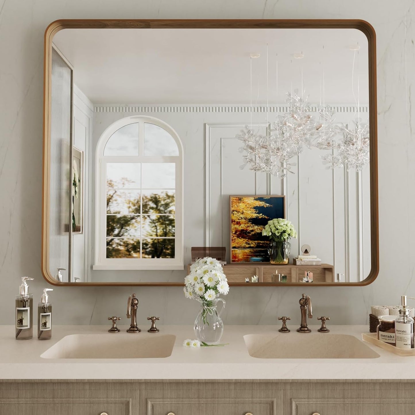 LOAAO Bathroom Mirror - 40x32 Inch Rounded Rectangle Design with Wood Grain Metal Frame | Anti-Rust, Versatile Hanging Options