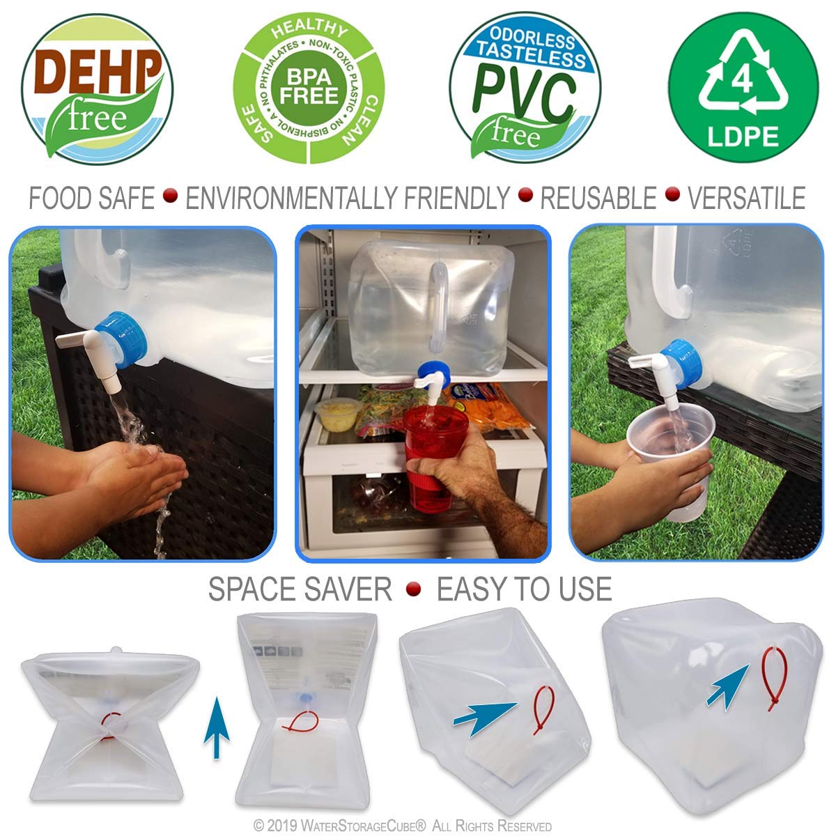 WaterStorageCube BPA-Free Collapsible Water Container with Spigot, Food-Grade Camping Water Storage Carrier Jug for Outdoors Hiking Hurricane Emergency, Foldable Portable Water Canteen (2.6 Gal 2-pk)