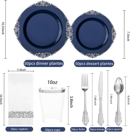 Hioasis 350pcs Blue and Silver Party Plates - Heavy-Duty Set for 50 Guests with Cutlery, Napkins & Cups
