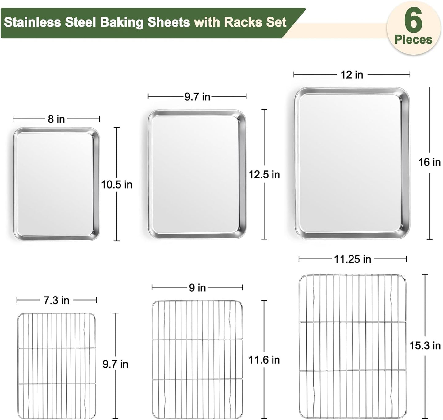 TeamFar Baking Sheet Set - 3 Stainless Steel Cookie Sheets with Racks | Non-Toxic, Heavy Duty, Dishwasher Safe, 16/12.5/10.5 Inch