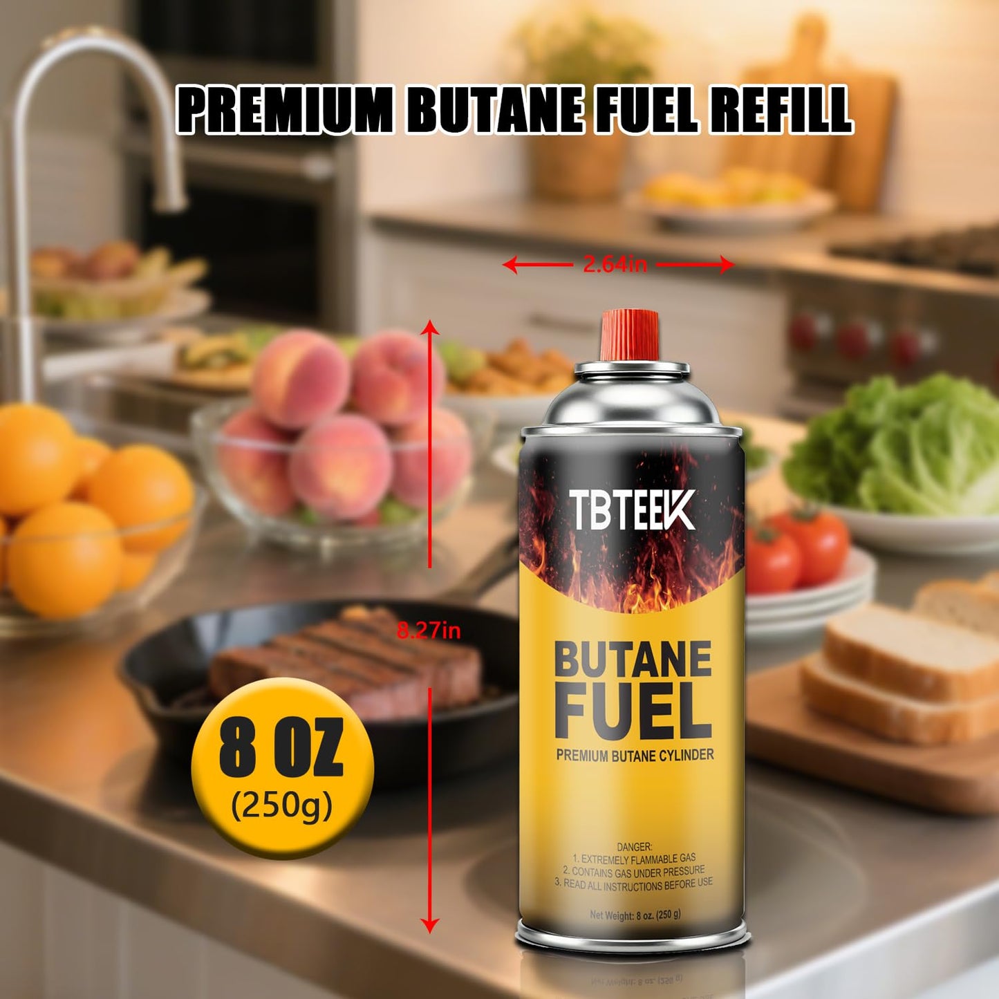 TBTeek Butane Fuel Canister, Butane Gas 8 oz, 2 Pack Premium Pure Refined Butane Gas Refill for Kitchen Torch Head, Camping Stove, Outdoor Cooking, Grilling & Emergency Use