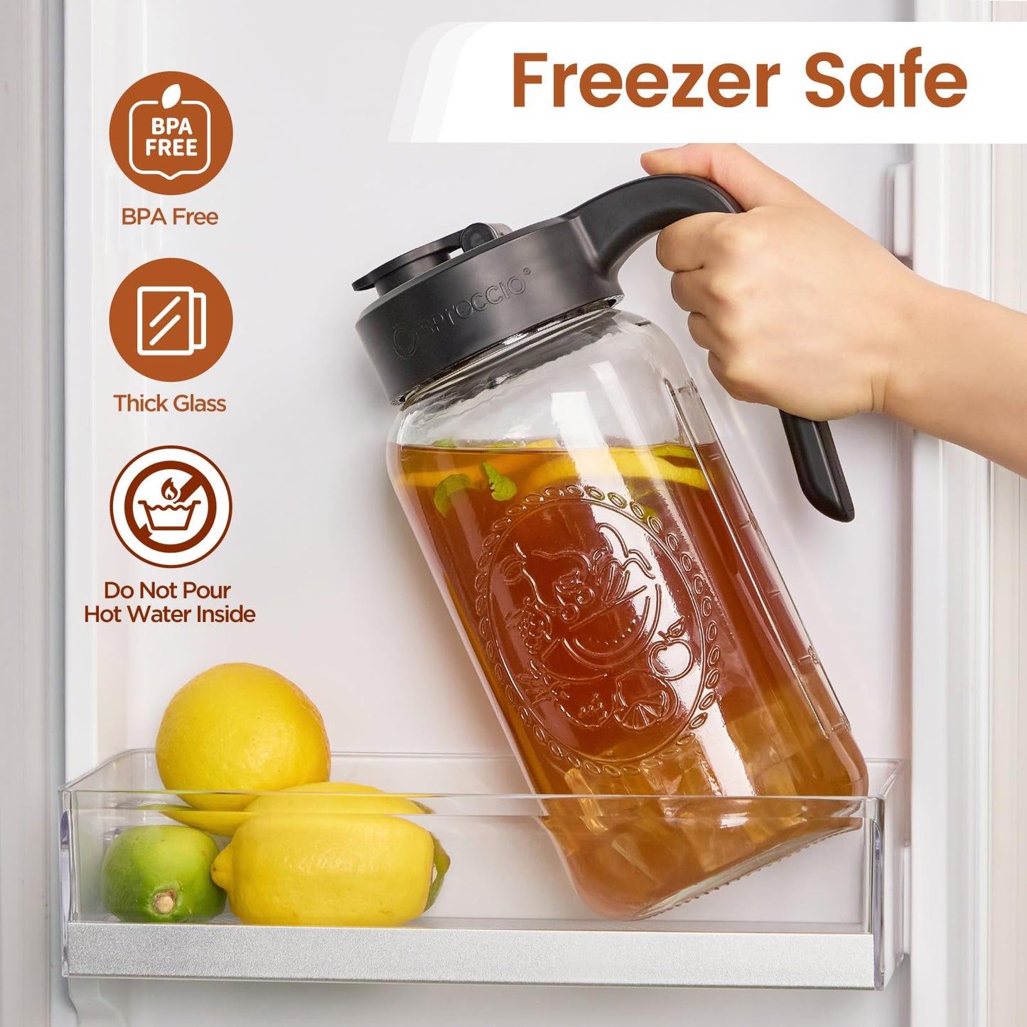 Spreccio Mason Jar Pitcher with Tea Filter, Airtight & Leakproof Glass Pitcher with Lid, 64 oz Sun Tea Glass Jar for Outside, Perfect for Sun Tea, Lemonade, and iced Tea