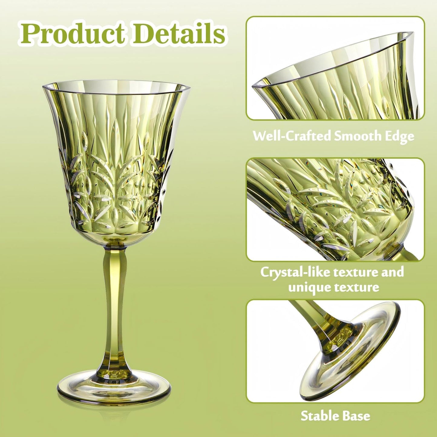 10oz Green Plastic Wine Glasses Goblets Stemmed Wine Glasses Set of 12 Shatterproof and Reusable Crystal Glasses Set for Wedding Reception Grand Event Party Ceremony (12, Green)