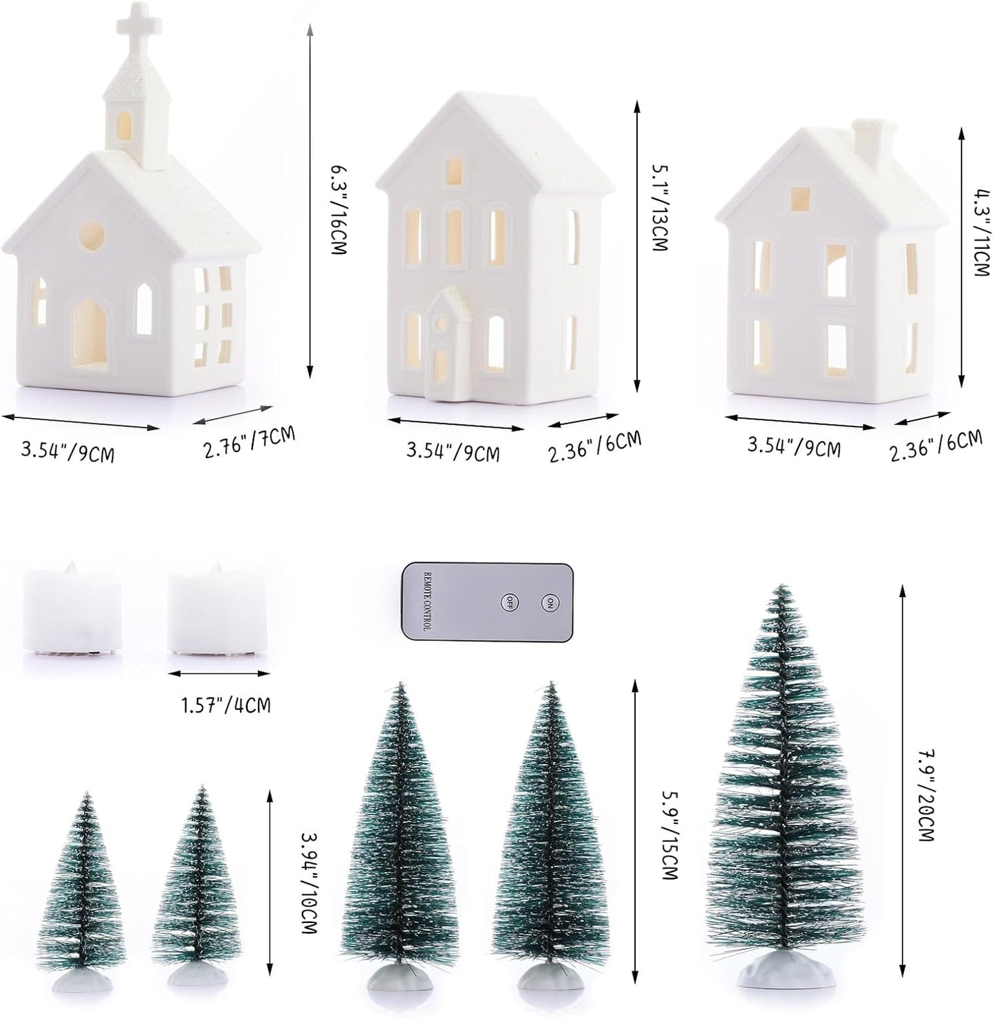 Regine Switzerland Christmas Village Figurines Set - 4 Lighted Ceramic Houses with Remote & 5 Trees - Rustic Holiday Decor for Home Table