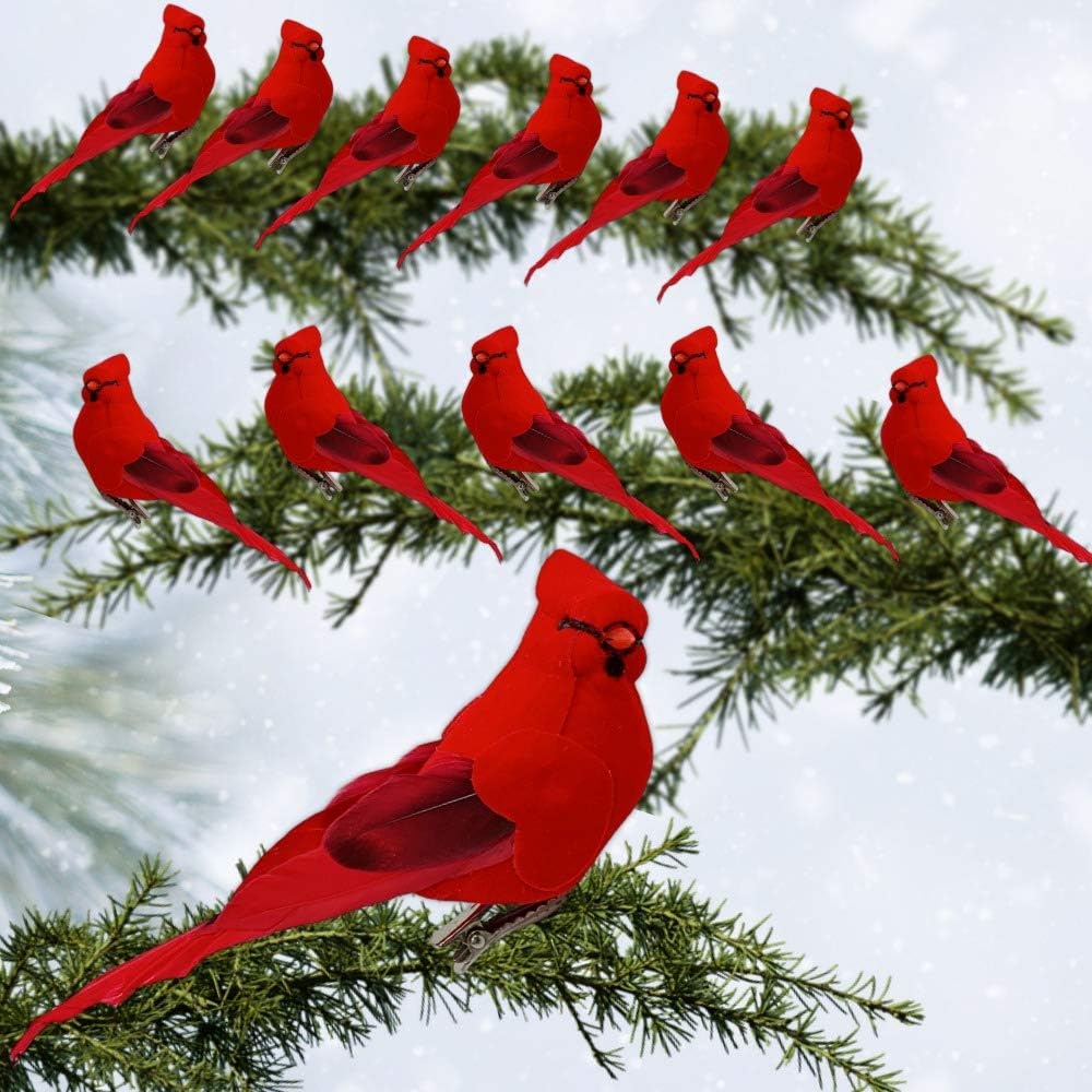 Red Cardinal Clip-On Christmas Tree Ornaments - Set of 12, 5" Long with Flocked Body & Feathered Wings