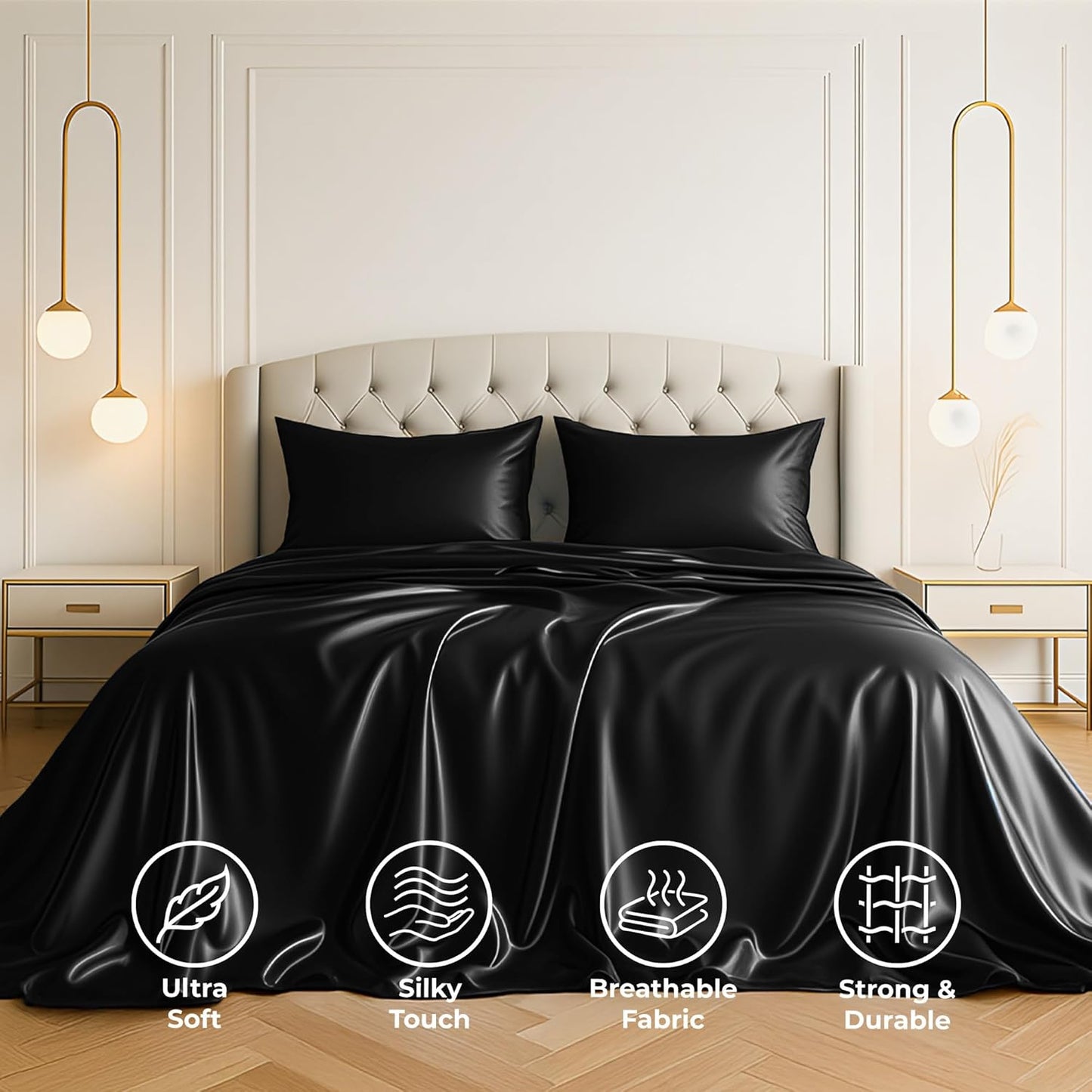 Pure Bedding Satin Sheets - Luxurious 4-Piece Queen Set in Black | Extra Soft 1800 Microfiber, Deep Pocket Design