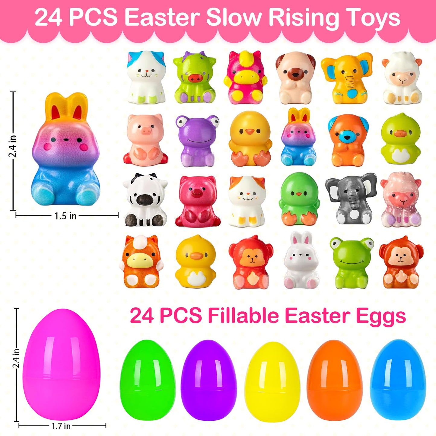 ZICZLI 24 Pack Easter Eggs Filled Slow Squishy Toys, Animal Squishy Toys Egg Fillers for Kids Toddler Boys Girls Easter Egg Hunt Classroom Prize Supplies Basket Stuffers Easter Party Favors