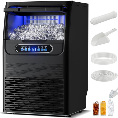 Ice Maker Commercial Ice Machine 110Lbs/Day Freestanding Stainless Steel Upon Counter Ice Maker with Scoop Water Filter Pipes for Restaurant Offices Bars Home (110 Lbs/24H)