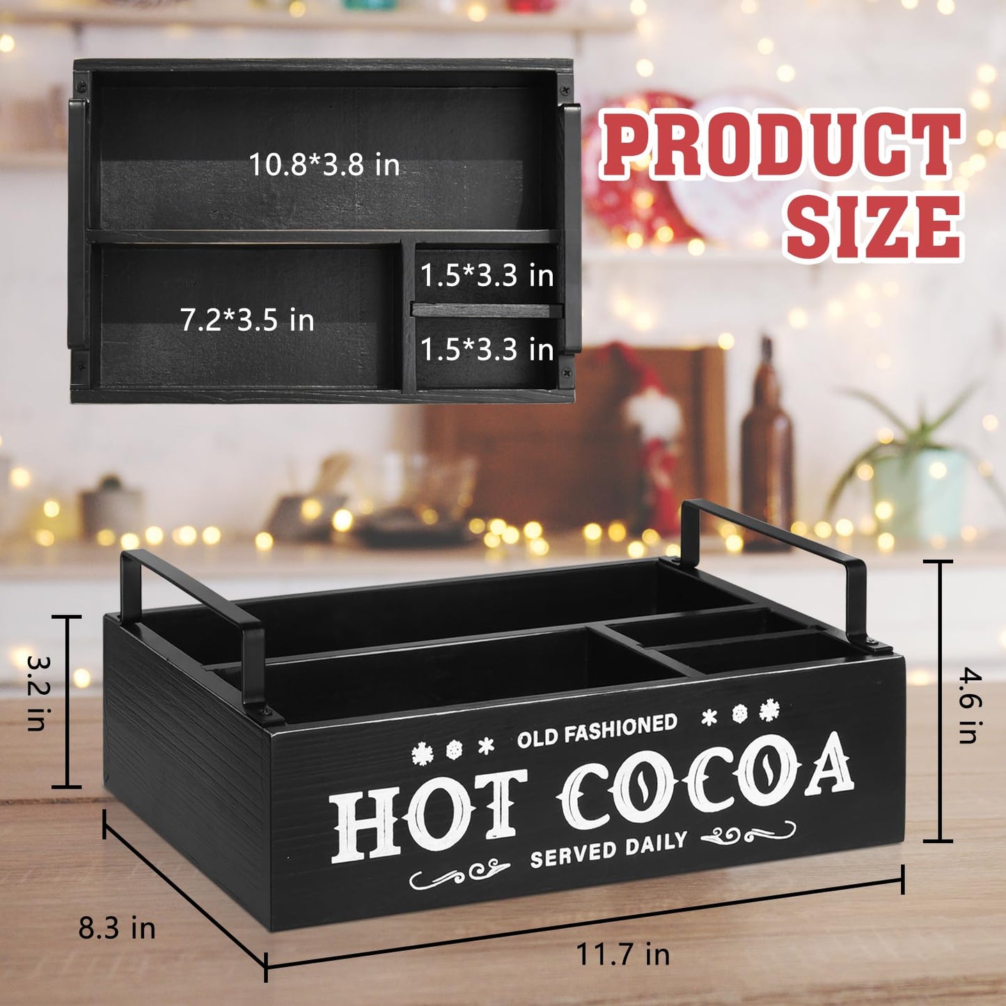 Hot Chocolate Bar Organizer with Handle, Farmhouse Hot Bar Supplies for Chocolate Maker, Countertop Wood Coffee Station Organizer Decorative Storage Bins, Cocoa Lovers Gift