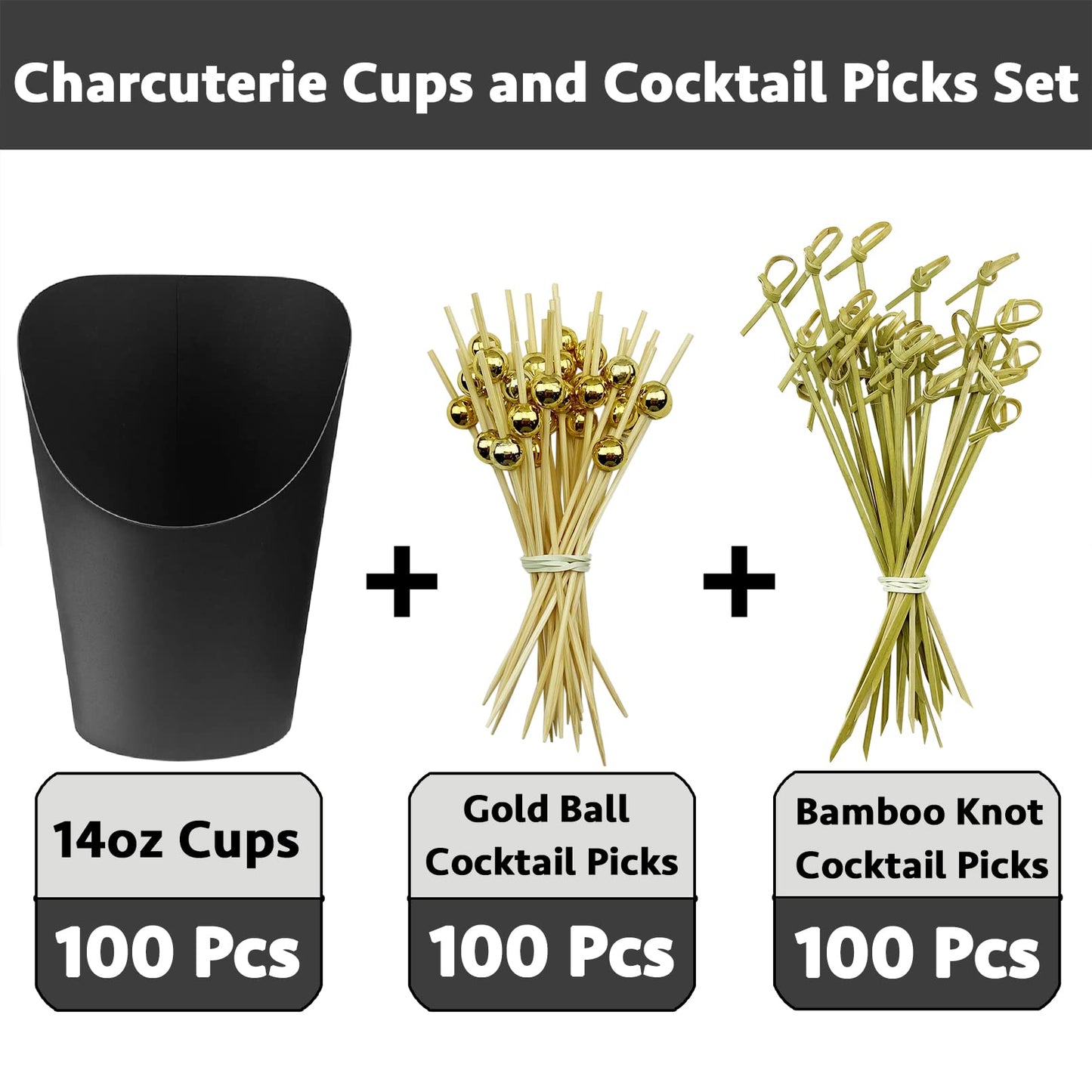 [100 Cups + 200 Picks] CAMKYDE 100 Pcs Charcuterie Cups with 200 Pcs Cocktail Picks (14oz, Black)