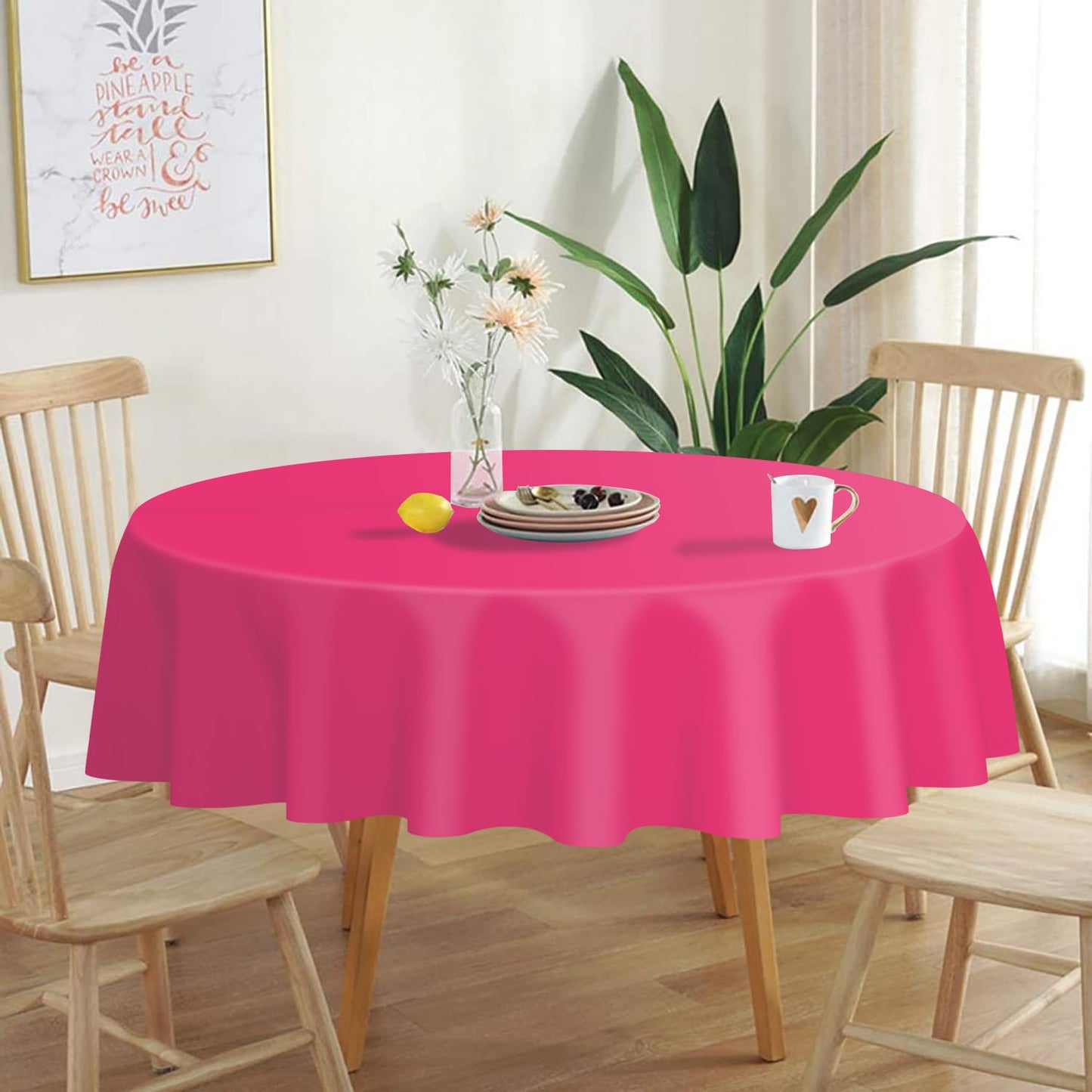 QIKSION Hot Pink Round Tablecloth 2 Pack, 84 Inch Plastic Table Cover Disposable for Parties