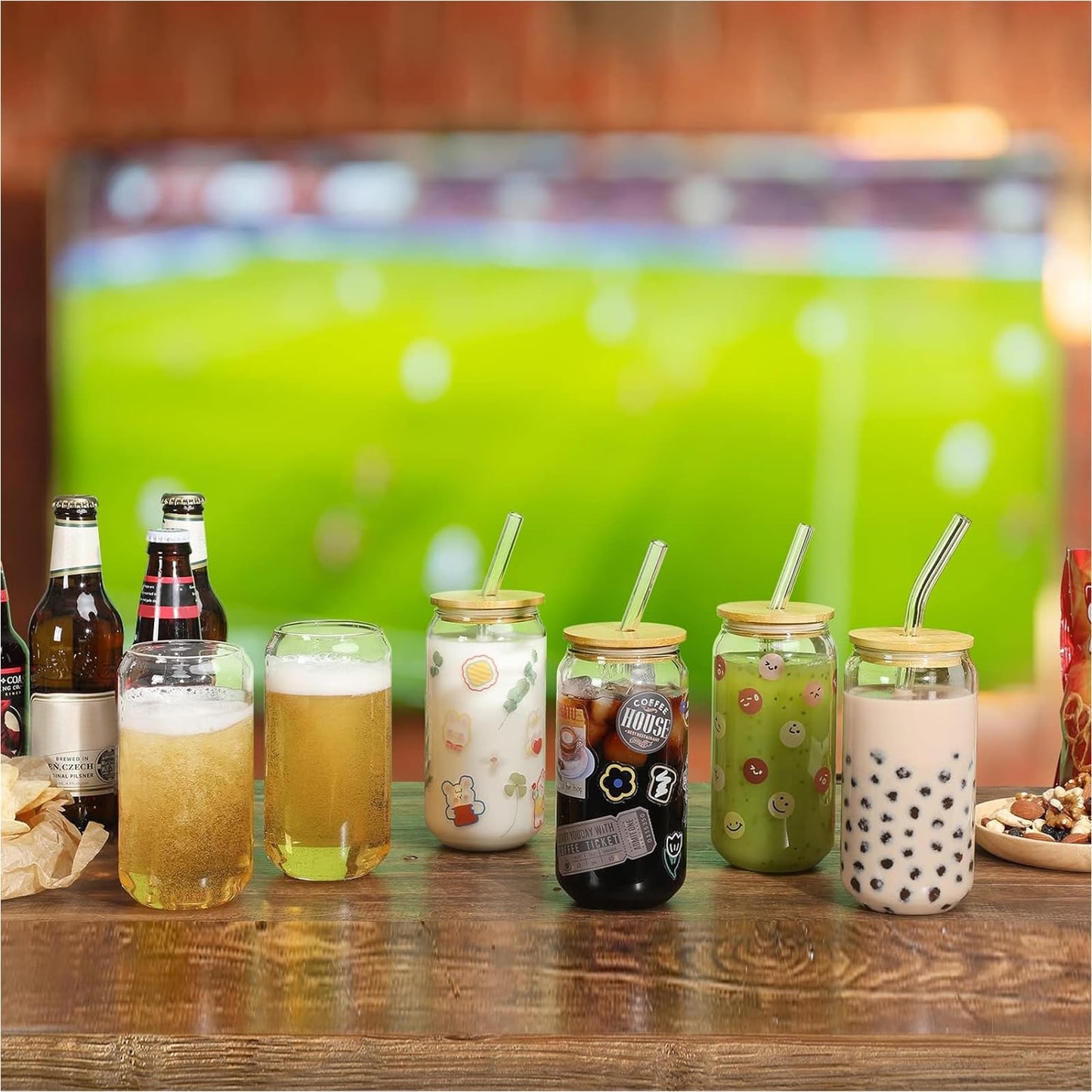 NETANY [ 8pcs Set ] Drinking Glasses with Bamboo Lids and Glass Straw - 16oz Glass Cups, Beer Glasses, Iced Coffee Glasses, Cute Tea Cup, Ideal for Cocktail, Whiskey, Gift - 2 Cleaning Brushes