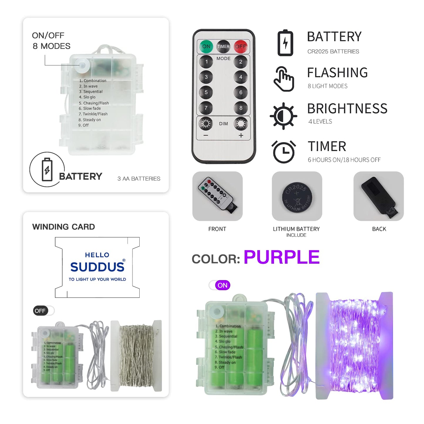 suddus Hallowee Purple Lights Battery Operated, 66ft 200 LED Twinkle Lights Battery Operated, Purple Fairy Lights for Christmas Tree, Garland, Bedroom, Backyard, Porch, Yard, Party Decorations