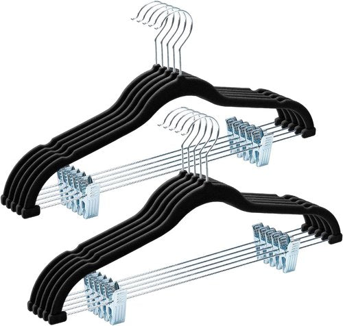 HOUSE DAY Velvet Hangers - Heavy Duty Non-Slip Suit Organizer with Adjustable Clips | 10-Pack (Black)