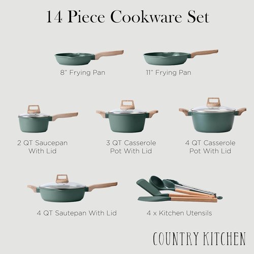 Country Kitchen Nonstick Pots and Pans Set - 14 Pcs Cast Aluminum Cookware with Utensils | Sage Color
