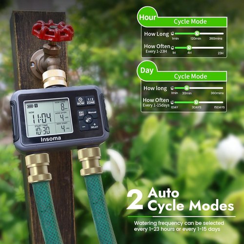 Insoma Water Timer - Brass Inlet & Outlet | 2-Zone Outdoor Hose Timer for Garden with Auto/Manual/Rain Delay