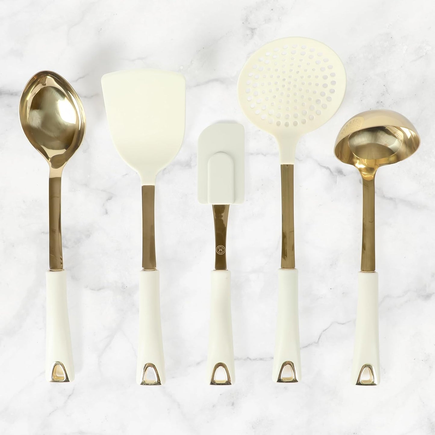 Martha Stewart Lockton 5-Piece Kitchen Tool Set - Durable Stainless Steel & Nylon Utensils with Gold Accents