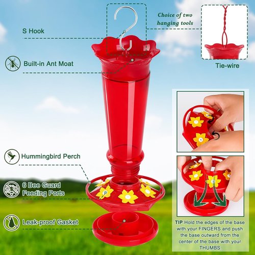 Gbekery 10 OZ Glass Hummingbird Feeders - Ant & Bee Proof, 6 Feeding Ports | Red 2 Pack Garden Décor Gifts