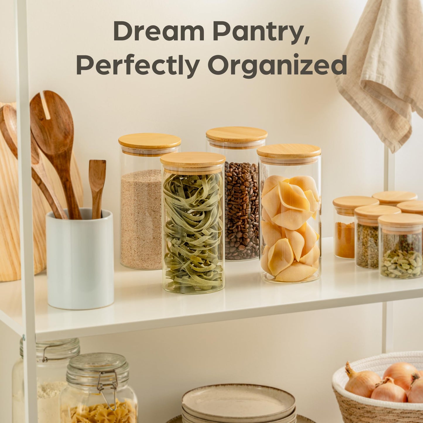 Praknu Glass Food Storage Jars 40oz Airtight Lid - Set of 4 Storage Container with Bamboo Lid - Clear Borosilicate Glass - Dishwasher Safe - Pantry Storage Containers