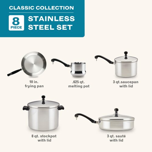 Farberware Classic Series Anniversary Edition Stainless Steel Cookware Set and Lids, Induction Ready, Dishwasher Safe, 8 Piece Pots and Pans, Metal Utensil Safe - Stainless Steel