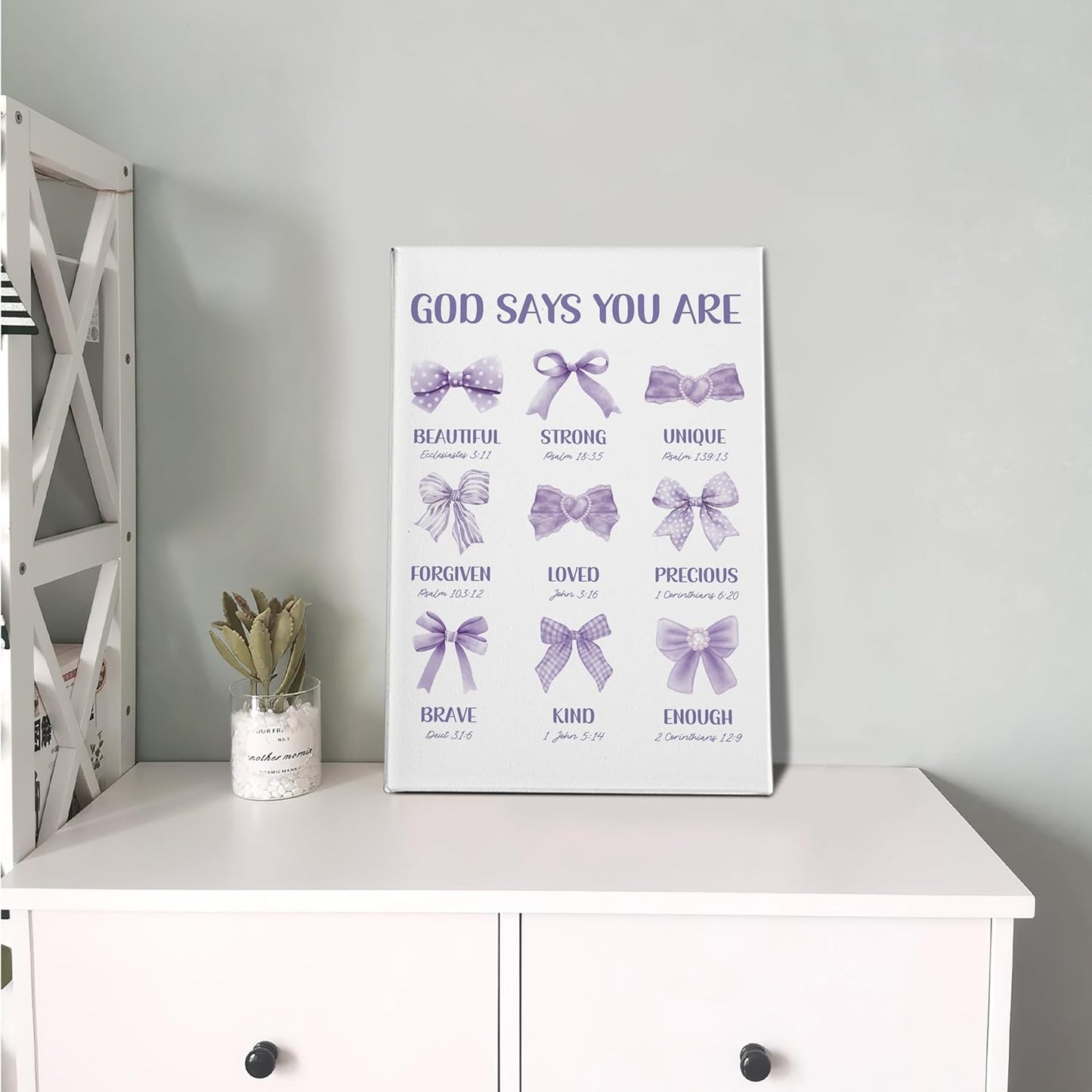 PHAMTE Christian Wall Art - Purple Bow Canvas Decor 16x24 | Inspirational Bible Verse for Girly Room