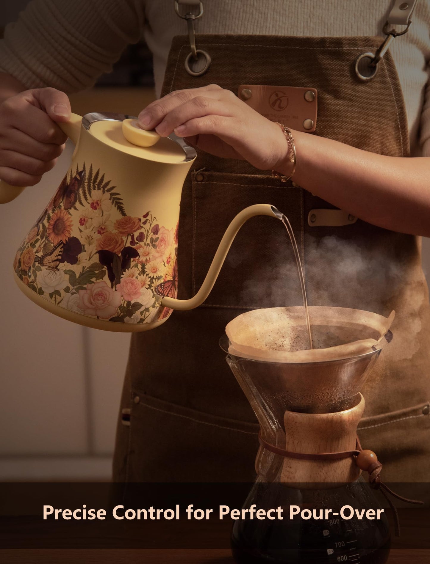 Olumaramio 0.8L/27oz Gooseneck Electric Kettle - ±1℉ Precise Temperature Control for Pour Over Coffee & Tea, 1200W Fast Heating, Auto Shut-Off, Built-in Brew Timer, BPA-Free Stainless Steel, Floral