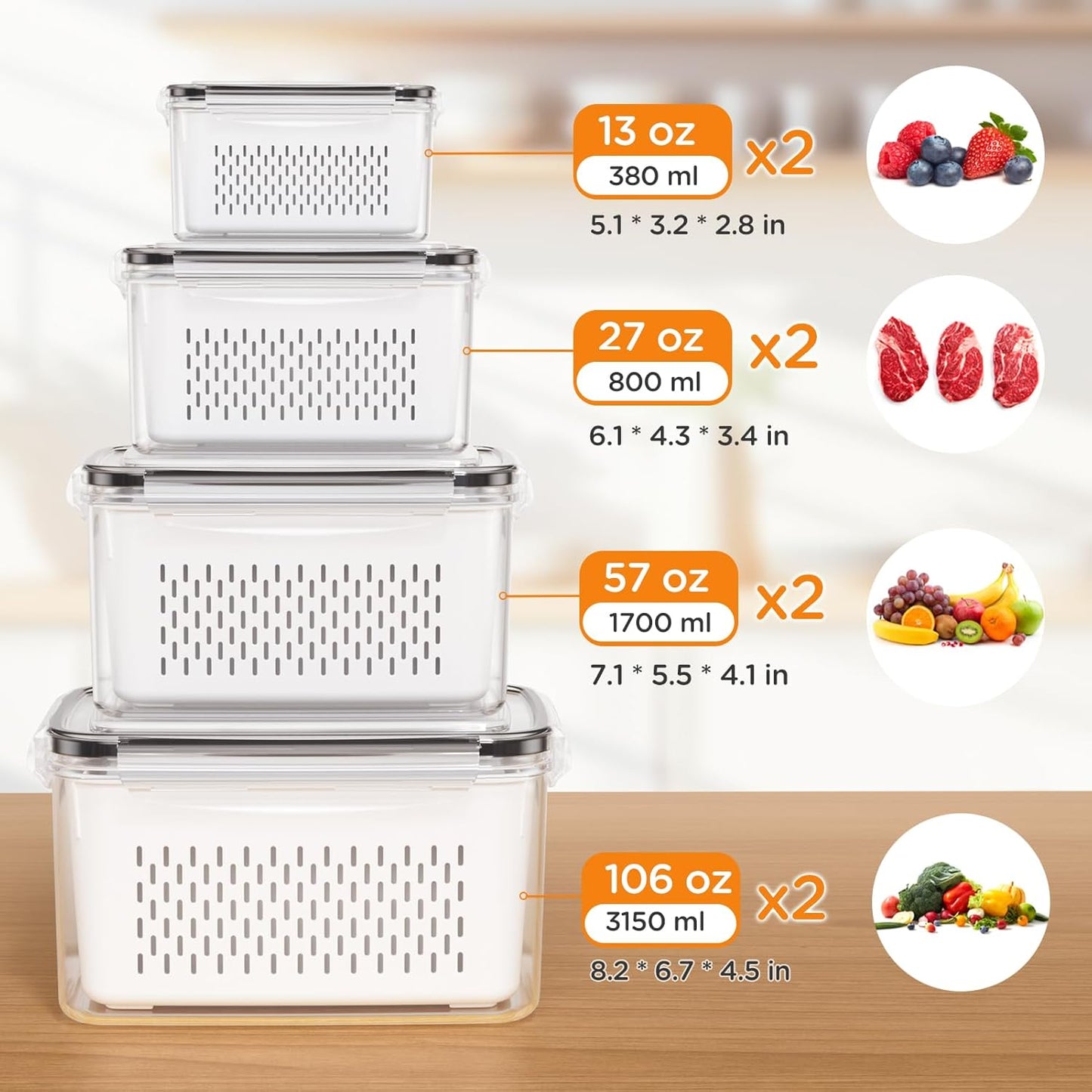 Skiennix 8-Pack Fruit Storage Containers - Leakproof BPA-Free Produce Keep Fruits & Veggies Fresh