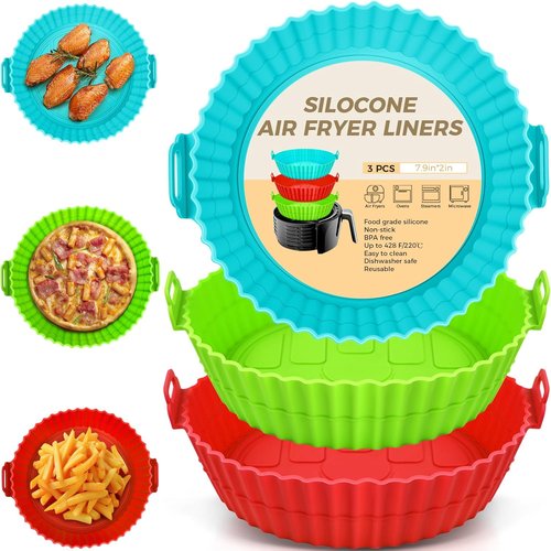 Buauty 3-Pack Air Fryer Silicone Liners - Reusable Food-Grade 8-Inch Baking Accessories