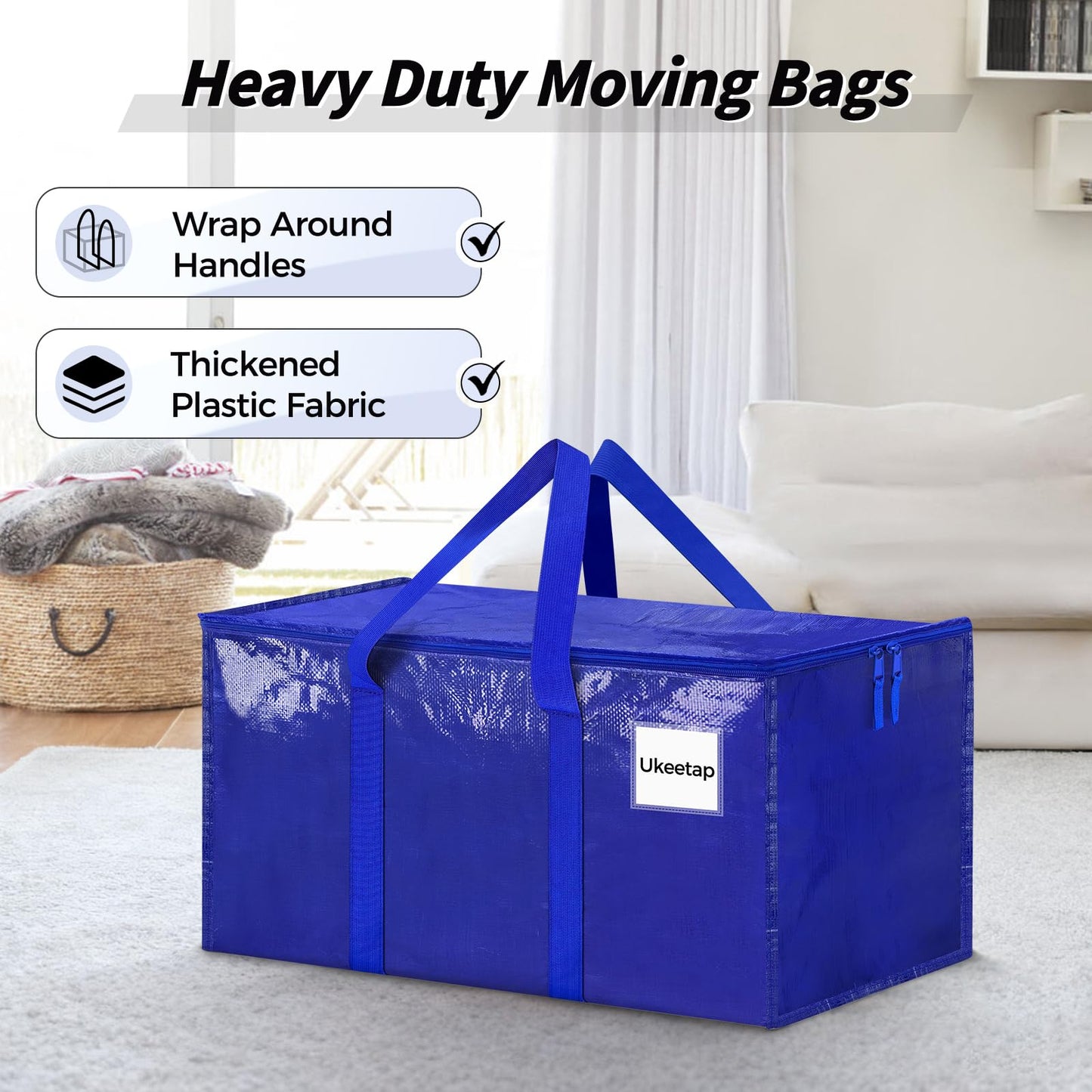 8 Pack Extra Large Heavy Duty Moving Bags, Blue Storage Bins with Lids, Reinforced Handles & Heavy-Duty Zippers Moving Boxes Storage Bags Totes for Clothes Packing, Dorms, College Supplies, Blue