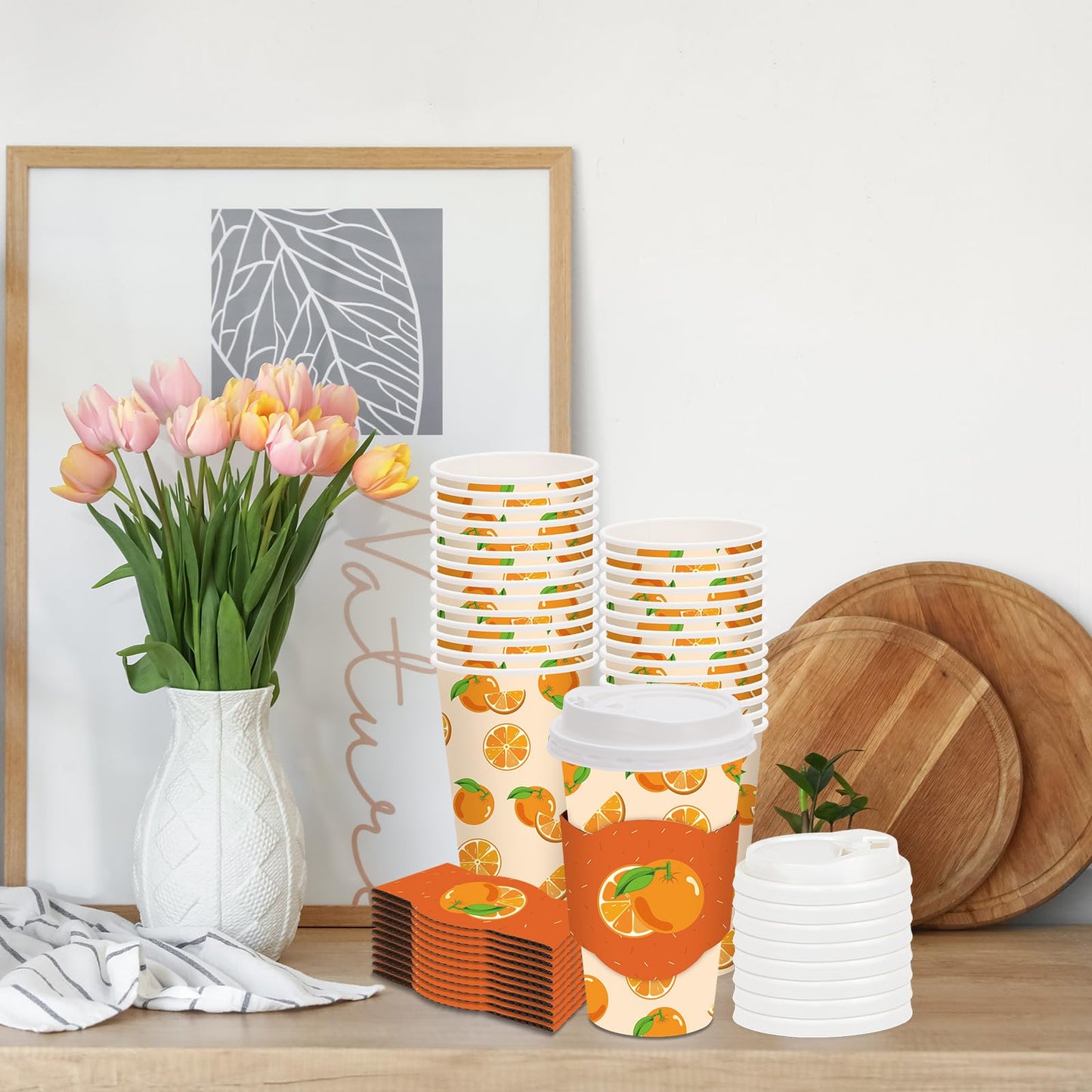 JarThenaAMCS 48 Set Little Cutie Disposable Coffee Cups with Lids and Sleeves Orange Paper Cups Cute Drinking Cup for Baby Shower Birthday Party Supplies