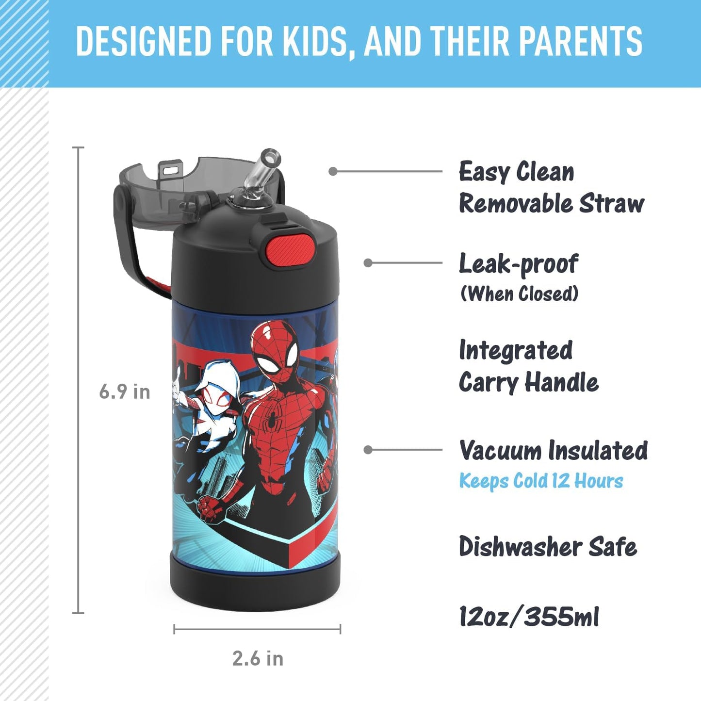 THERMOS FUNTAINER Water Bottle - 12 Ounce Stainless Steel Vacuum Insulated with Straw | Spider-Man Design