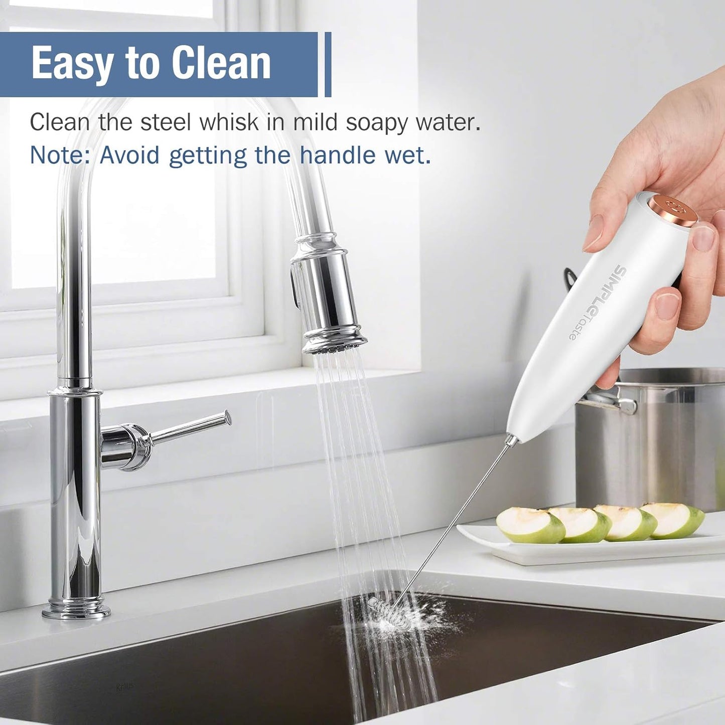 SIMPLETASTE Milk Frother - Handheld Electric Foam Maker for Cappuccino & Latte - White with Stand